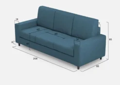 Divano 208x85cm design a tre posti con bracciolo moderno quadrato idrorepellente blu avio DI14