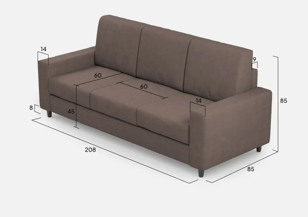 Divano 208x85cm design a tre posti con bracciolo moderno quadrato idrorepellente talpa DI14