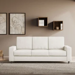Divano 208x85cm design a tre posti con bracciolo moderno quadrato idrorepellente bianco latte DI14