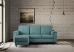 Divano 208x85 design a tre posti con bracciolo squadrato e pouf idrorepellente blu petrolio DI6
