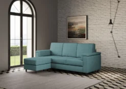 Divano 208x85 design a tre posti con bracciolo squadrato e pouf idrorepellente blu petrolio DI6