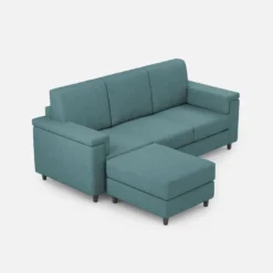 Divano 208x85 design a tre posti con bracciolo squadrato e pouf idrorepellente blu petrolio DI6
