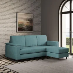 Divano 208x85 design a tre posti con bracciolo squadrato e pouf idrorepellente blu petrolio DI6