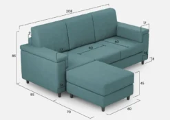 Divano 208x85 design a tre posti con bracciolo squadrato e pouf idrorepellente blu petrolio DI6