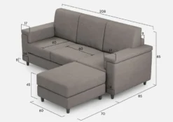 Divano 208x85 design a tre posti con bracciolo squadrato e pouf idrorepellente grigio DI6