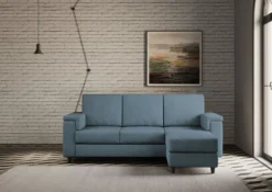 Divano 208x85 design a tre posti con bracciolo squadrato e pouf idrorepellente blu avio DI6