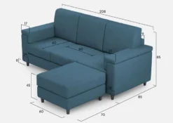 Divano 208x85 design a tre posti con bracciolo squadrato e pouf idrorepellente blu avio DI6