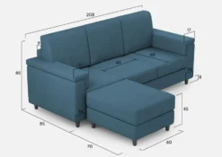 Divano 208x85 design a tre posti con bracciolo squadrato e pouf idrorepellente blu avio DI6