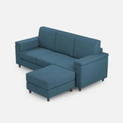 Divano 208x85 design a tre posti con bracciolo squadrato e pouf idrorepellente blu avio DI6