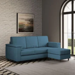 Divano 208x85 design a tre posti con bracciolo squadrato e pouf idrorepellente blu avio DI6