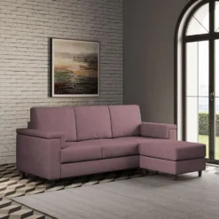 Divano 208x85 design a tre posti con bracciolo squadrato e pouf idrorepellente prugna DI6