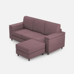 Divano 208x85 design a tre posti con bracciolo squadrato e pouf idrorepellente prugna DI6