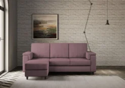 Divano 208x85 design a tre posti con bracciolo squadrato e pouf idrorepellente prugna DI6