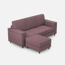 Divano 208x85 design a tre posti con bracciolo squadrato e pouf idrorepellente prugna DI6
