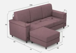 Divano 208x85 design a tre posti con bracciolo squadrato e pouf idrorepellente prugna DI6