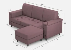 Divano 208x85 design a tre posti con bracciolo squadrato e pouf idrorepellente prugna DI6