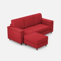 Divano 208x85 design a tre posti con bracciolo squadrato e pouf idrorepellente rosso DI6