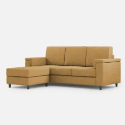 Divano 208x85 design a tre posti con bracciolo squadrato e pouf idrorepellente ocra DI6