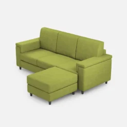 Divano 208x85 design a tre posti con bracciolo squadrato e pouf idrorepellente verde DI6