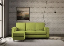 Divano 208x85 design a tre posti con bracciolo squadrato e pouf idrorepellente verde DI6