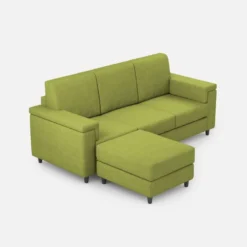 Divano 208x85 design a tre posti con bracciolo squadrato e pouf idrorepellente verde DI6