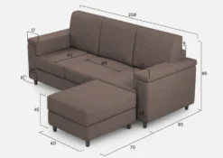 Divano 208x85 design a tre posti con bracciolo squadrato e pouf idrorepellente talpa DI6