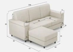 Divano 208x85 design a tre posti con bracciolo squadrato e pouf idrorepellente bianco latte DI6
