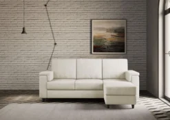 Divano 208x85 design a tre posti con bracciolo squadrato e pouf idrorepellente bianco latte DI6