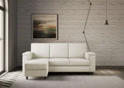Divano 208x85 design a tre posti con bracciolo squadrato e pouf idrorepellente bianco latte DI6