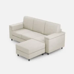 Divano 208x85 design a tre posti con bracciolo squadrato e pouf idrorepellente bianco latte DI6