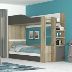 Letto a castello contenitore con scaletta 90x200 cm rovere bianco e grigio LG70