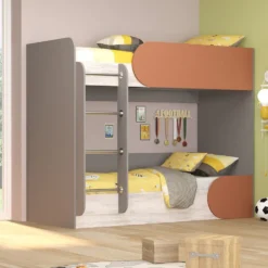 Letto a castello contenitore con scaletta 82x190 cm in grigio, legno bianco e arancio LG13