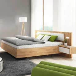 Letto matrimoniale con comodini e luci LED 160X200cm rovere e bianco LLK12