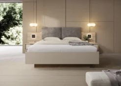 Letto matrimoniale contenitore 160x200 cm con comodini e LED in rovere e grigio pietra LLK14