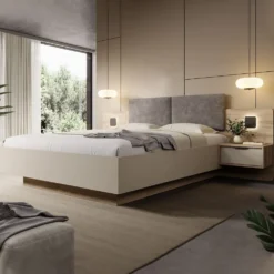 Letto matrimoniale contenitore 160x200 cm con comodini e LED in rovere e grigio pietra LLK14