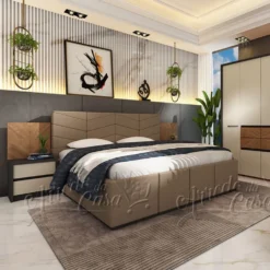 Letto matrimoniale contenitore con comodini 160x200 cm beige grafite e noce LU43
