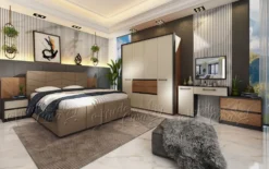 Letto matrimoniale contenitore con comodini 160x200 cm beige grafite e noce LU43
