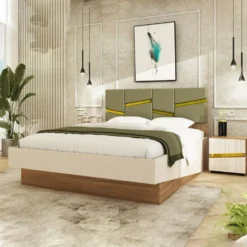 Letto matrimoniale contenitore 160x200 cm con testiera imbottita e comodini, beige e verde oliva LU45