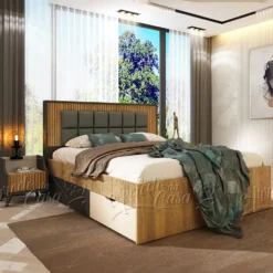 Letto matrimoniale 160x200 cm con testiera imbottita e cassetti rovere scuro, beige e grafite LU47