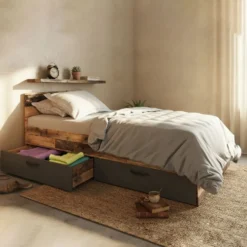 Letto singolo effetto legno e antracite con cassetti 90x200 LI35
