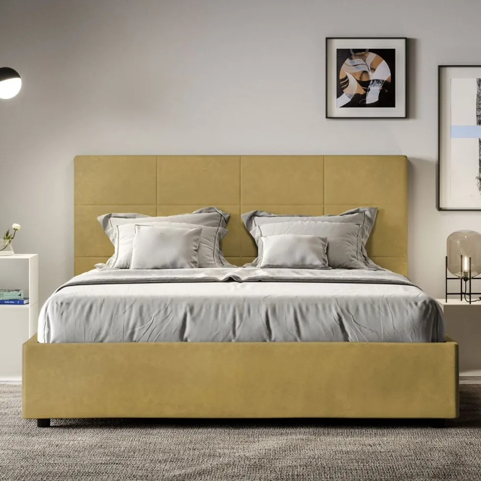 Letto 140x210cm alla francese con giroletto in microfibra ocra LIT297