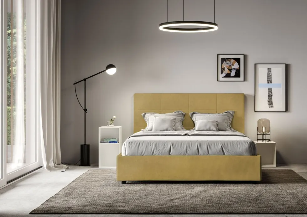 Letto 140x210cm alla francese con giroletto in microfibra ocra LIT297