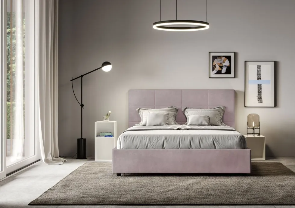 Letto 140x210cm alla francese con giroletto in microfibra glicine lilla LIT297