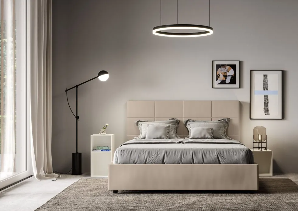 Letto 140x210cm alla francese con giroletto in similpelle tortora LIT295