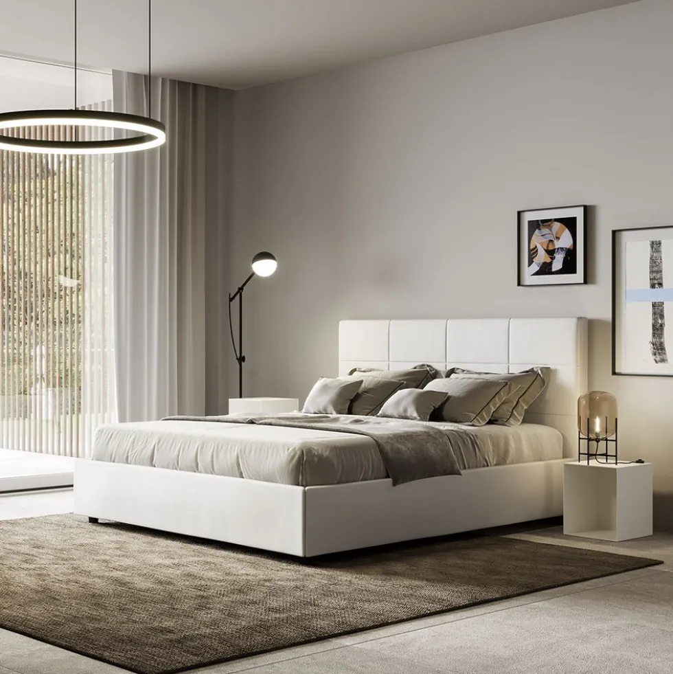 Letto 140x210cm alla francese con giroletto in similpelle bianco LIT295