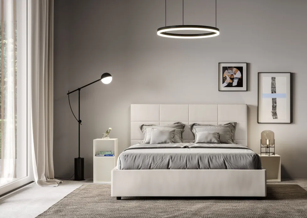 Letto 140x210cm alla francese con giroletto in similpelle bianco LIT295