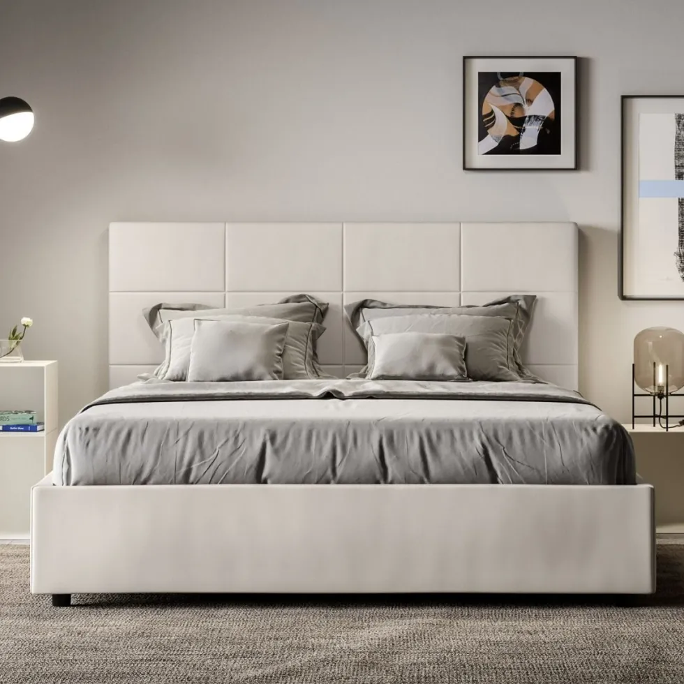 Letto 140x210cm alla francese con giroletto in similpelle bianco LIT295