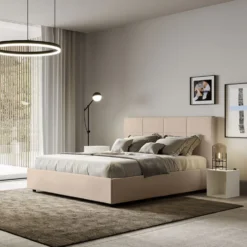 Letto 140x190cm alla francese con giroletto in similpelle tortora LIT287