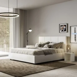 Letto 140x190cm alla francese con giroletto in similpelle bianco LIT287