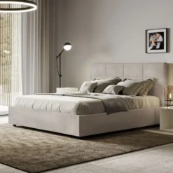 Letto 140x190cm alla francese con giroletto in microfibra sabbia beige LIT289
